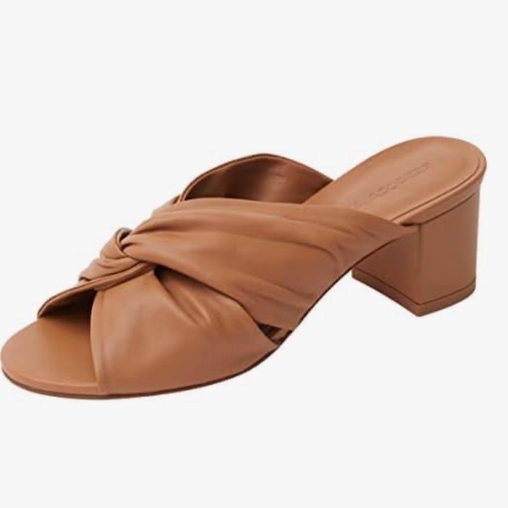 Rebecca Allen Tan Leather Twisted Knot Block Heel Mule Sandals Brown Open Toe